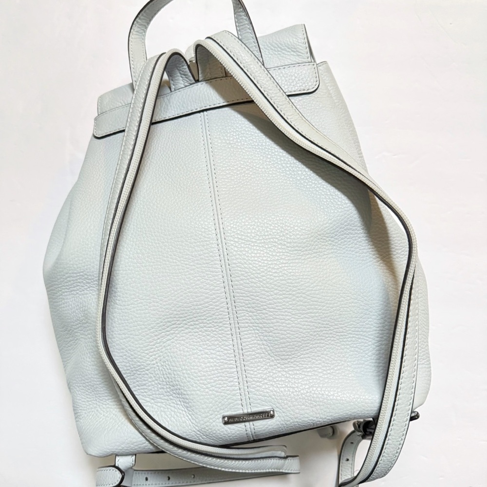 REBECCA MINKOFF LIGHT BLUE LEATHER SILVER METAL ZIPPERS BACKPACK PURSE BAG - Picture 2 of 11